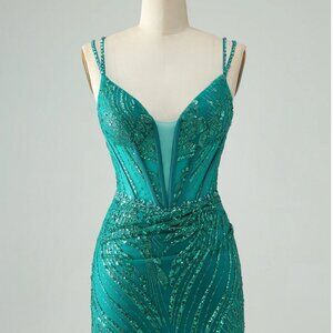 Sparkly Dark Green Bodycon Corset Short Homecoming Dress with Sequins, size 6
